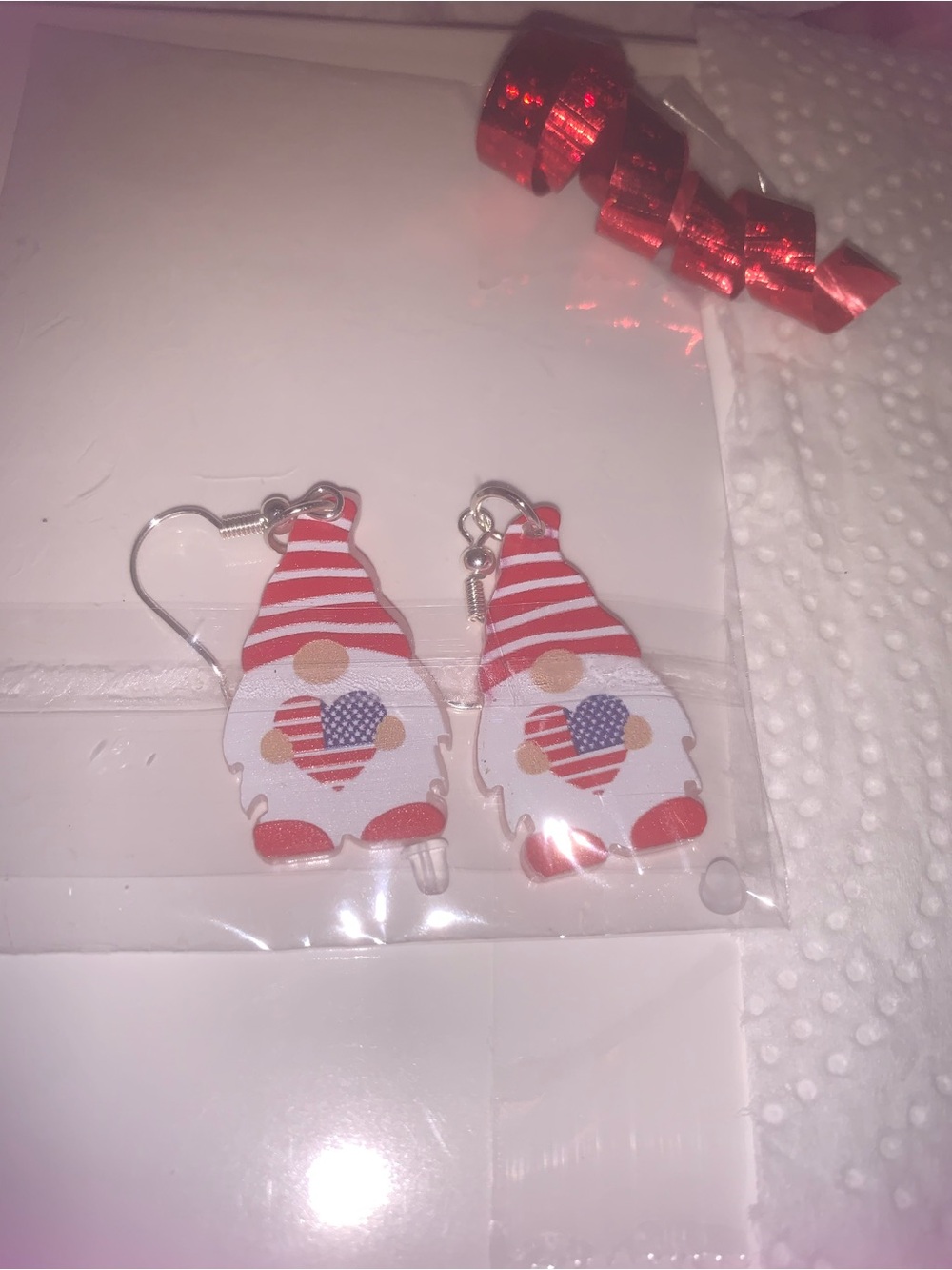 Private Label Red and White Striped Gnome Kids Earrings with Patriotic Heart